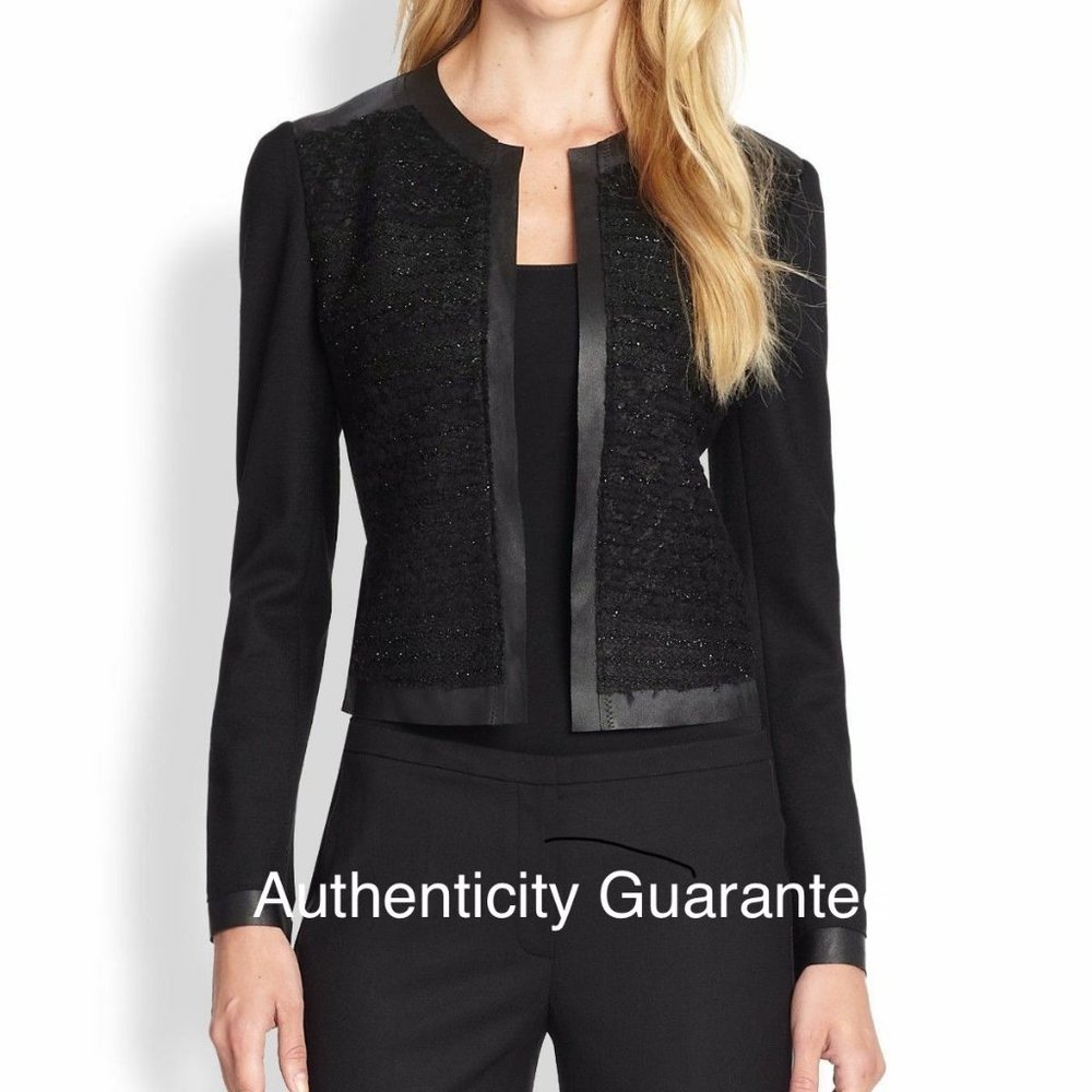 BLACK LAMB LEATHER TWEED WOOL WORK OPEN BLAZER